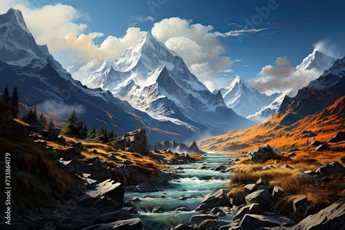 Himalayas. Valley with a mountain river. Generative AI Art. Beautiful view.