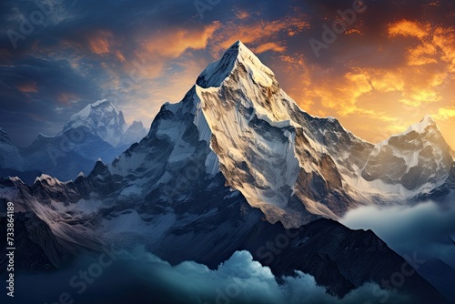 Himalayas. Mountain range at sunrise or sunset. Generative AI Art. Beautiful view.