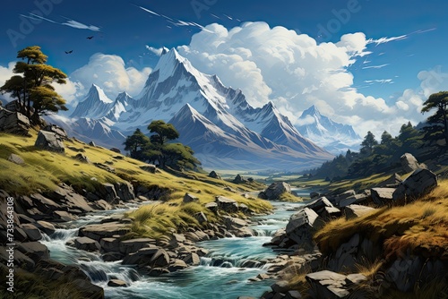 Himalayas. Valley with a mountain river. Generative AI Art. Beautiful view. © Sci-Fi Agent