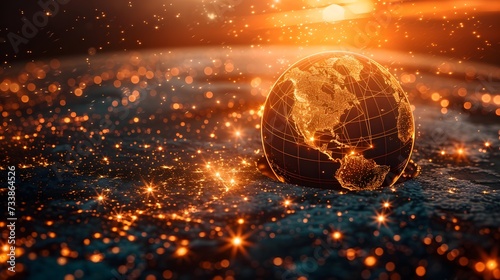 background with glowing lights, a globe with a network of lights in the middle of it and a map of the world