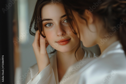 A young woman in a moment of reflection  looking into a mirror with a gentle  contemplative expression.