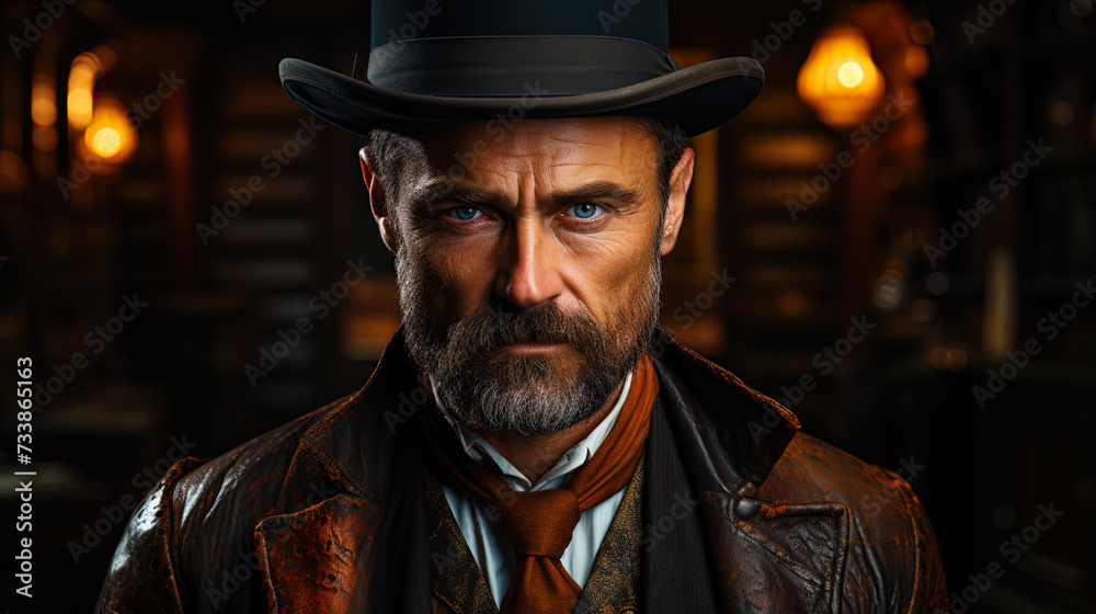 A gentleman with a beard and a stylish hat, whose look reflects deep features of character and exp A gentleman with a beard and a stylish hat, whose look reflects deep features of character and exp