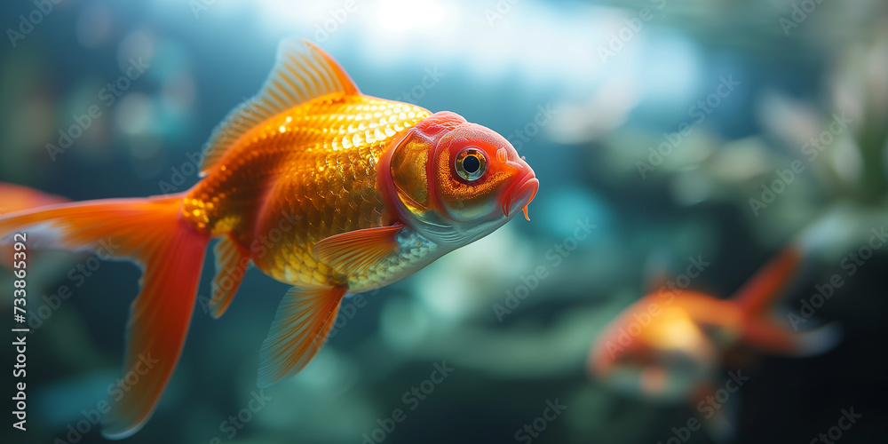 Fototapeta premium Goldfish swimming in the water, close up view, copy space. Photorealistic nature background with bokeh effect. 