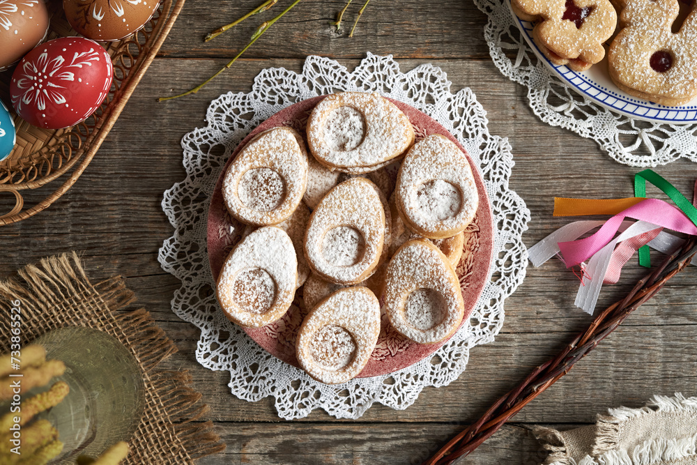 Egg shaped Linzer cookies baked for Easter Egg shaped Linzer cookies baked for Easter