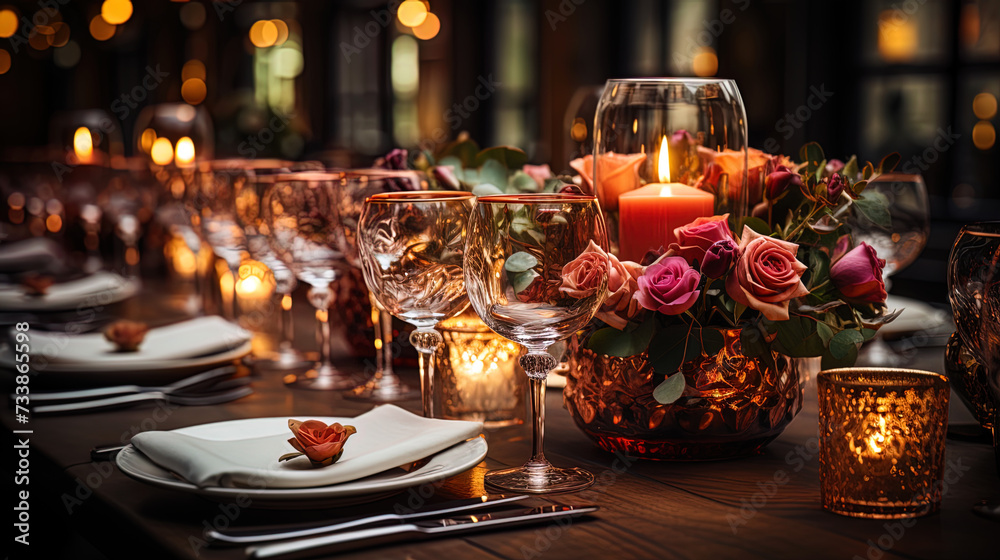 A luxurious table in a restaurant, decorated with fresh flowers and candles, with dishes presented