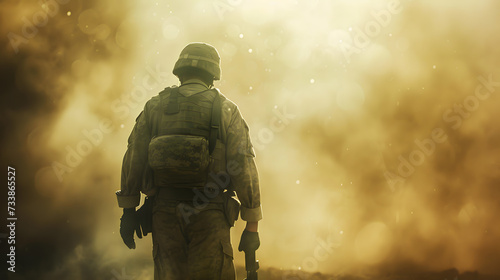 Special operations forces soldier in military ammunition covered with smoke. Concept of defense, war, weapons and protection