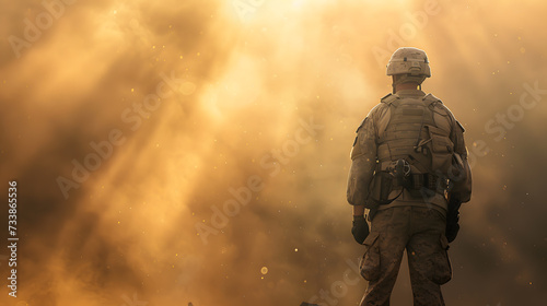 Special operations forces soldier in military ammunition covered with smoke. Concept of defense, war, weapons and protection