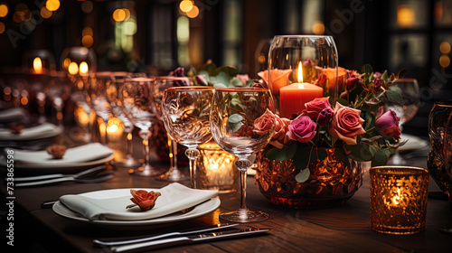 A luxurious table in a restaurant  decorated with fresh flowers and candles  with dishes presented