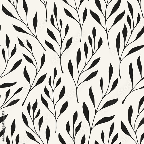 Vector seamless pattern. Floral stylish background. Thin silhouette of graphic branches with round berries. 