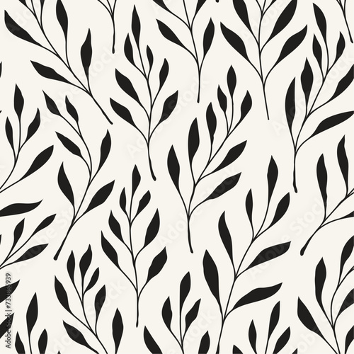 Vector seamless pattern. Floral stylish background. Thin silhouette of graphic branches with round berries.	