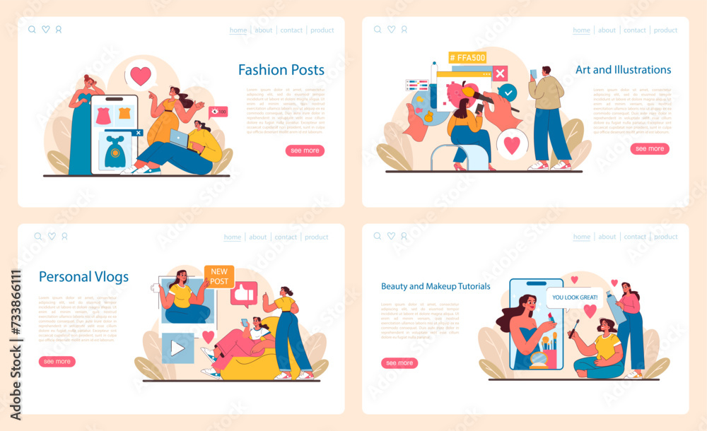 Visual Content set. Influencers sharing fashion, artistry, personal stories, and beauty tips. Engaging with audiences through style, creativity, and self-expression. Flat vector illustration.