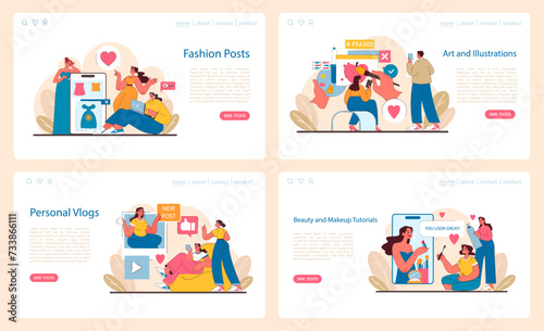 Visual Content set. Influencers sharing fashion, artistry, personal stories, and beauty tips. Engaging with audiences through style, creativity, and self-expression. Flat vector illustration. © inspiring.team