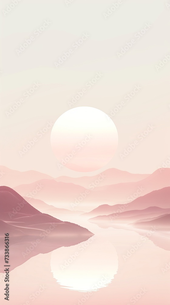 Minimalist vertical background with silhouettes of mountains and sun in soft pastel colors. Can be used for a banner or poster on social networks.