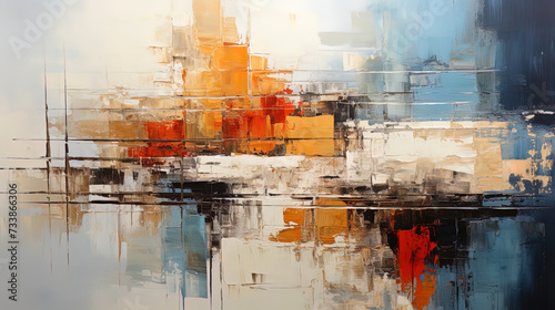 A photograph of abstract art, where multi layer paints and textures form a complex visual landsca
