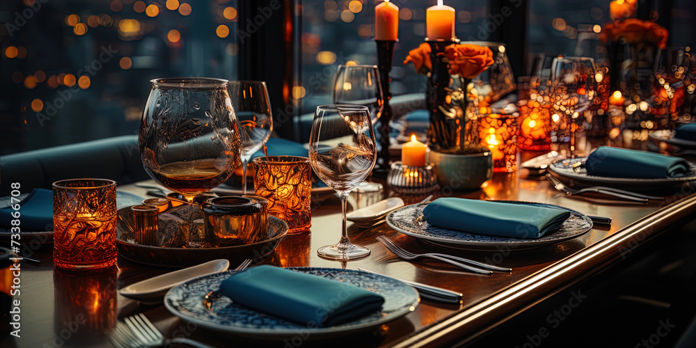 A photograph of a luxurious table in a restaurant with a view of the city panorama, where every de A photograph of a luxurious table in a restaurant with a view of the city panorama, where every de