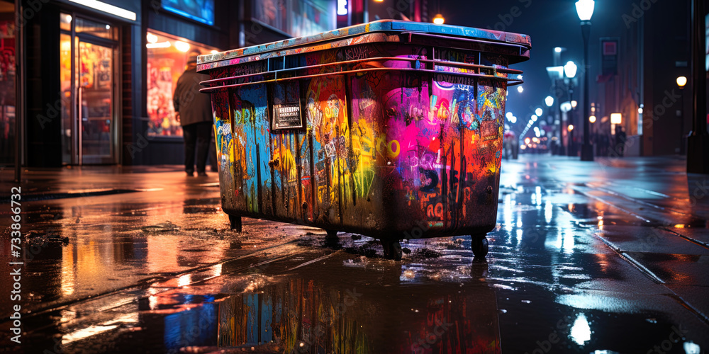 A photograph of a neon garbage container, brightly sparkling in night darkness, gives an urban env - obrazy, fototapety, plakaty 
