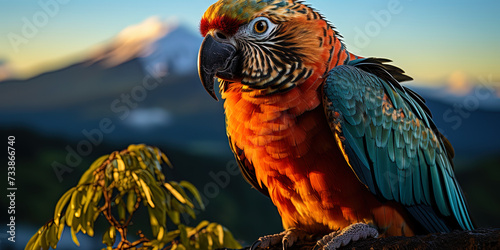 A photograph of a parrot with a fiery red plumage, against the background of a volcano and a foggy photo