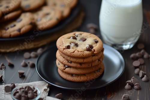 Front view of a black plate with a chocolate chip cookies stack surrounded by some chocolate chips and a drinking glass full of milk. 