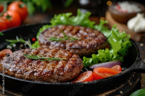 Front view of a cooking pan with two grilled burger meats surrounded by some ingredients for preparing hamburger like bread, lettuce and tomatoes. 