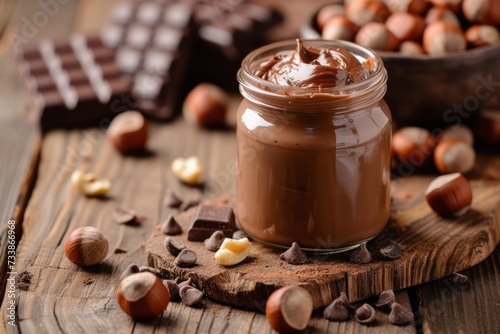 Front view of a crystal jar full of chocolate and hazelnut spread surrounded by some hazelnuts on a rustic wooden table. 