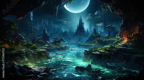 A planet covered with emerald forests and sapphire waterfalls emitting sparkling ligh