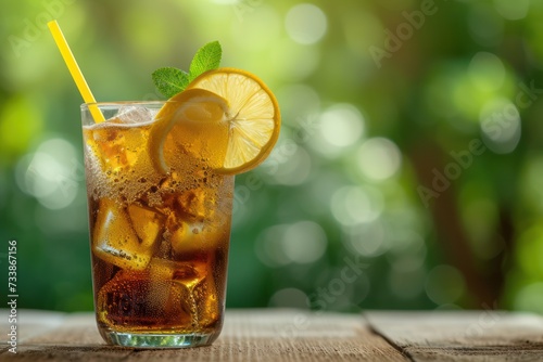 Front view of a drinking glass full of ice cubes and lemon ice tea.
