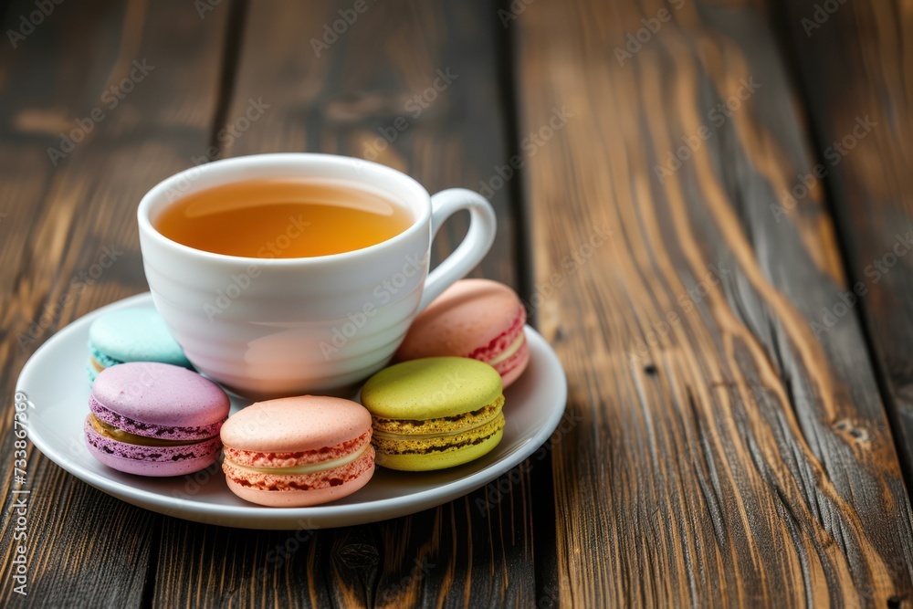Front view of a tea cup with multicolored macaroons on a dark brown wooden table. Front view of a tea cup with multicolored macaroons on a dark brown wooden table.