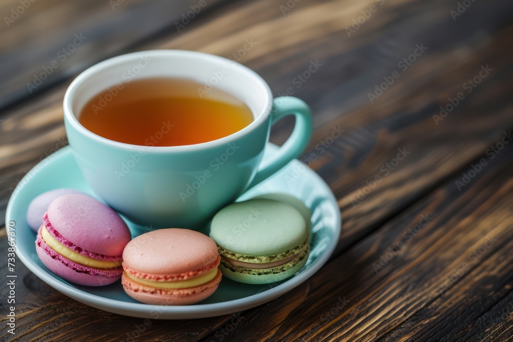 Front view of a tea cup with multicolored macaroons on a dark brown wooden table. Front view of a tea cup with multicolored macaroons on a dark brown wooden table.
