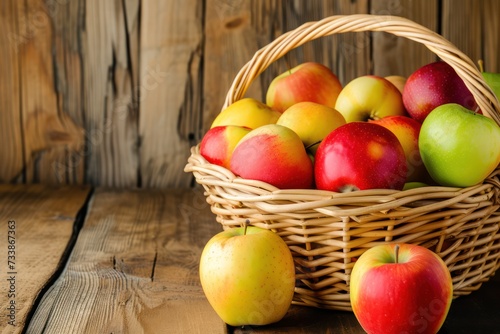 Wallpaper Mural Front view of a wicker basket full of various multicolored apples on a rustic wooden table.  Torontodigital.ca