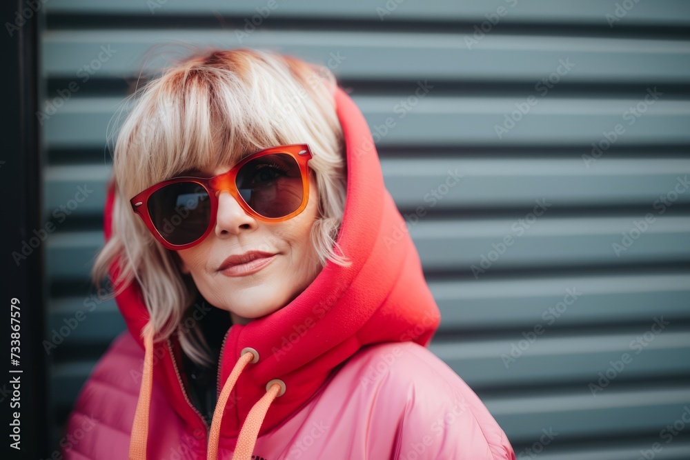 Portrait of a beautiful blonde girl in a pink jacket and red sunglasses