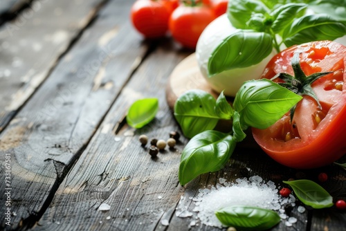 Front view of some ingredients for preparing a caprese salad like a whole tomato, a mozzarella cheese, basil leaves, salt and pepper on a rustic wooden table. 