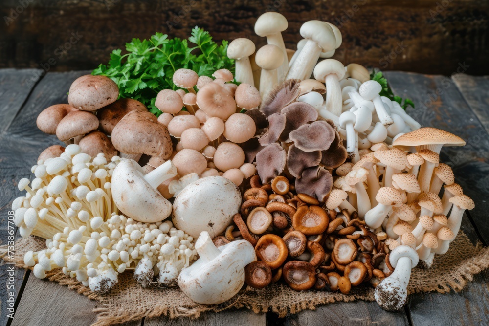 Front view of various kinds of edible mushrooms like champignon, shiitake mushroom, porcini mushroom, oyster mushroom, portobello mushroom, cremini Front view of various kinds of edible mushrooms like champignon, shiitake mushroom, porcini mushroom, oyster mushroom, portobello mushroom, cremini