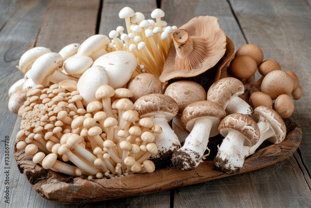 Front view of various kinds of edible mushrooms like champignon, shiitake mushroom, porcini mushroom, oyster mushroom, portobello mushroom, cremini