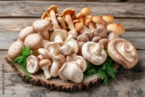 Front view of various kinds of edible mushrooms like champignon, shiitake mushroom, porcini mushroom, oyster mushroom, portobello mushroom, cremini