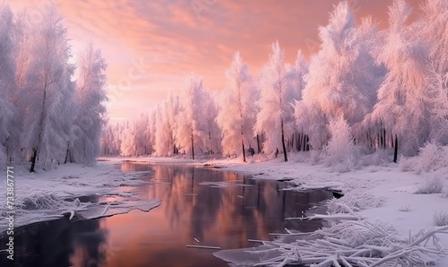 Winter Christmas landscape in pink tones with a calm winter river surrounded by trees. Winter forest near the river at sunset. Landscape with snow-covered trees, beautiful frozen river with reflection