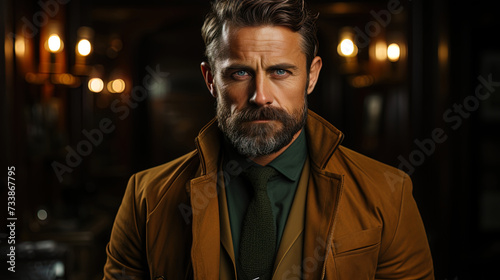 A self confident gentleman with a pronounced beard and a stylish hat, whose gaze is full of confid