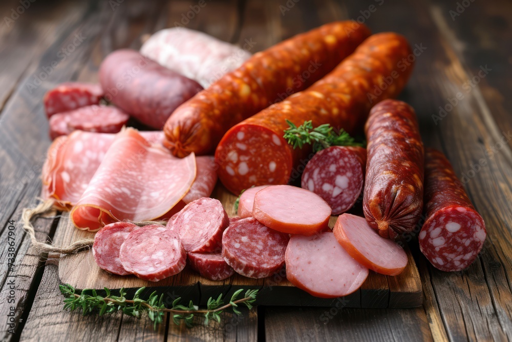 Front view of various kinds of raw sausages like mortadella, bacon, salami, ham and pickled sausages on a delicatessen concept background. 
