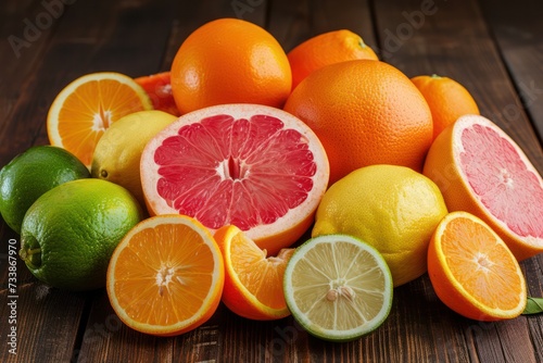 Front view of various kinds of whole and sliced citrus fruits 