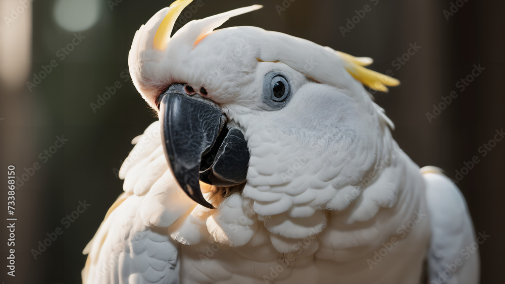 parrot with yellow feathers and a white head and yellow beak