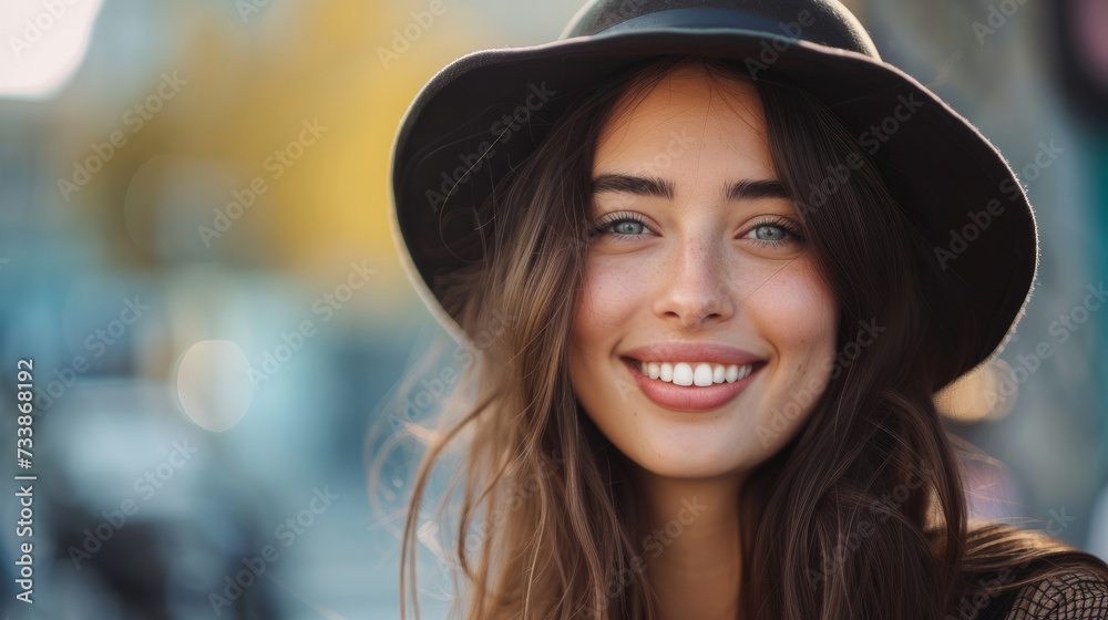 Portrait of a woman. Young girl with long hair. Closeup of happy confident young woman with long hair and freckles wears casual clothes and looks directly in camera Portrait of a woman. Young girl with long hair. Closeup of happy confident young woman with long hair and freckles wears casual clothes and looks directly in camera