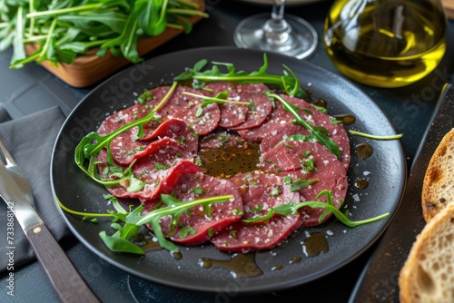 High angle view of a beef carpaccio on a black plate with arugula seasoned with olive oil and pepper on a black plate 