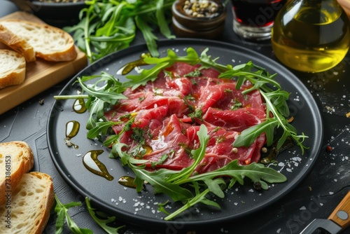 High angle view of a beef carpaccio on a black plate with arugula seasoned with olive oil and pepper on a black plate surrounded 