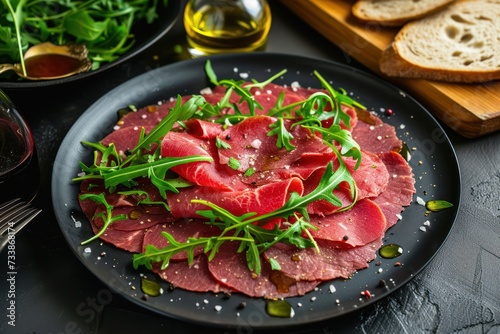 High angle view of a beef carpaccio on a black plate with arugula seasoned with olive oil and pepper on a black plate surrounded 