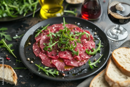 High angle view of a beef carpaccio on a black plate with arugula seasoned with olive oil and pepper on a black plate 