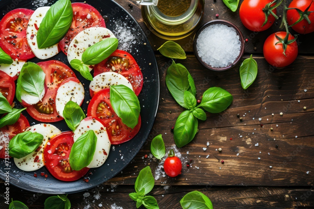 High angle view of a caprese salad surrounded by salt, pepper, an olive oil bottle, basil leaves and a tomato. 