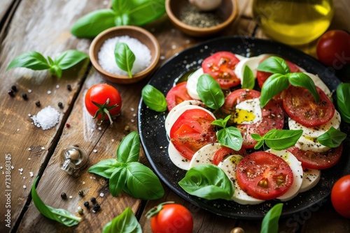 High angle view of a caprese salad surrounded by salt, pepper, an olive oil bottle, basil leaves and a tomato. 