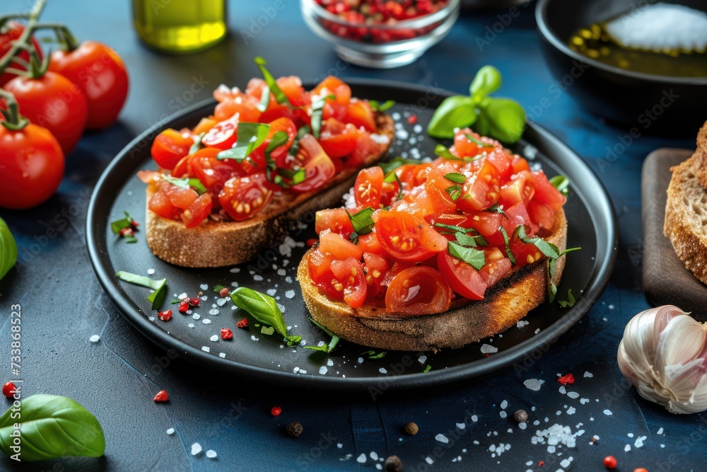 High angle view of a homemade Italian bruschetta made with cherry tomatoes, basil, olive oil, garlic and salt disposed on a black plate High angle view of a homemade Italian bruschetta made with cherry tomatoes, basil, olive oil, garlic and salt disposed on a black plate