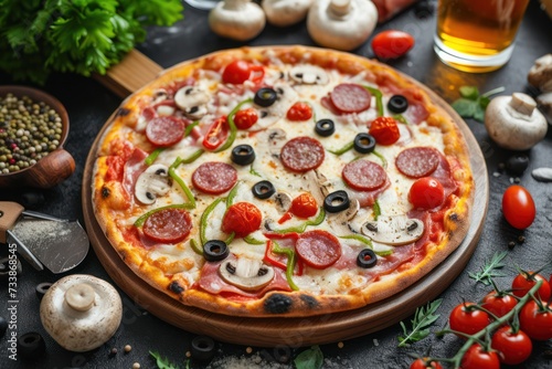 High angle view of a homemade pizza made with salami, mozzarella, mushrooms, cherry tomatoes, black olives and green bell pepper 
