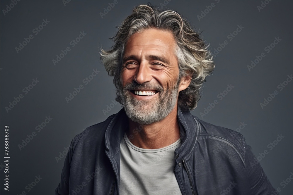 Handsome mature man smiling and looking at the camera while standing against grey background