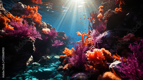 Color corals, like living paintings, decorate the underwater landscape of ocean dep photo